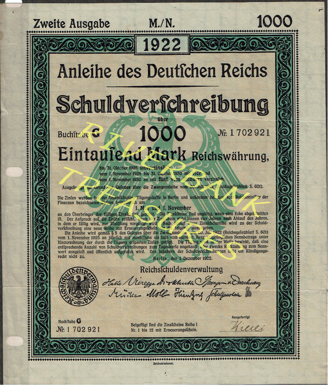 German Bond 1922 1000 Marks