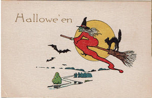 Halloween Post Card Witch-Bats & Black Cat