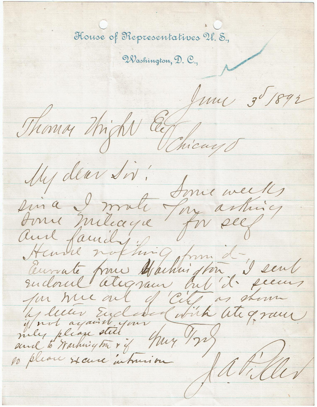 US House of Representatives Letter signed by Representative Pickler 1892