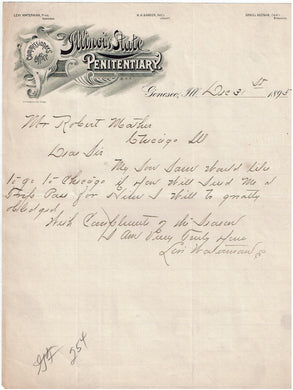 Commissioners Office Illinois State Penitentiary 1895 letter from Levi Waterman