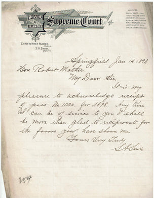 State of Illinois Supreme Court Letter Autographed S.A. Snow Deputy 1898
