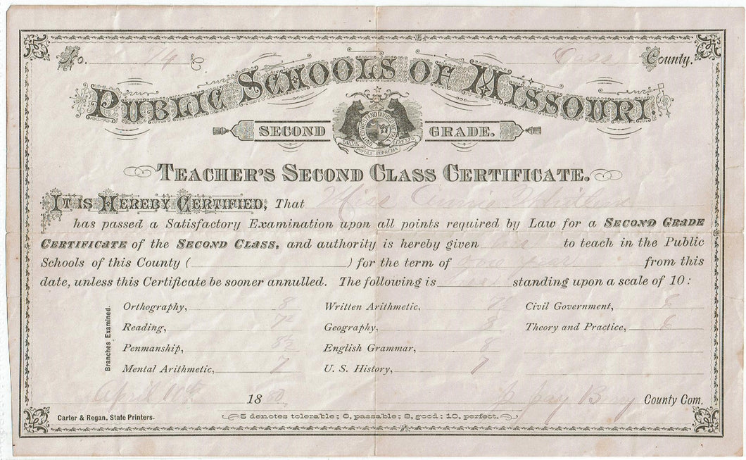 Teachers second grade certificate Missouri 1880