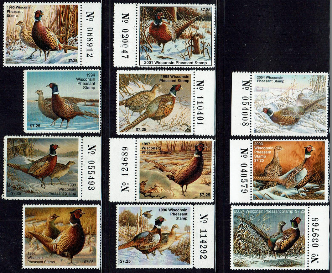 Wisconsin Pheasant Hunting Stamps 1992-2004 lot Mint