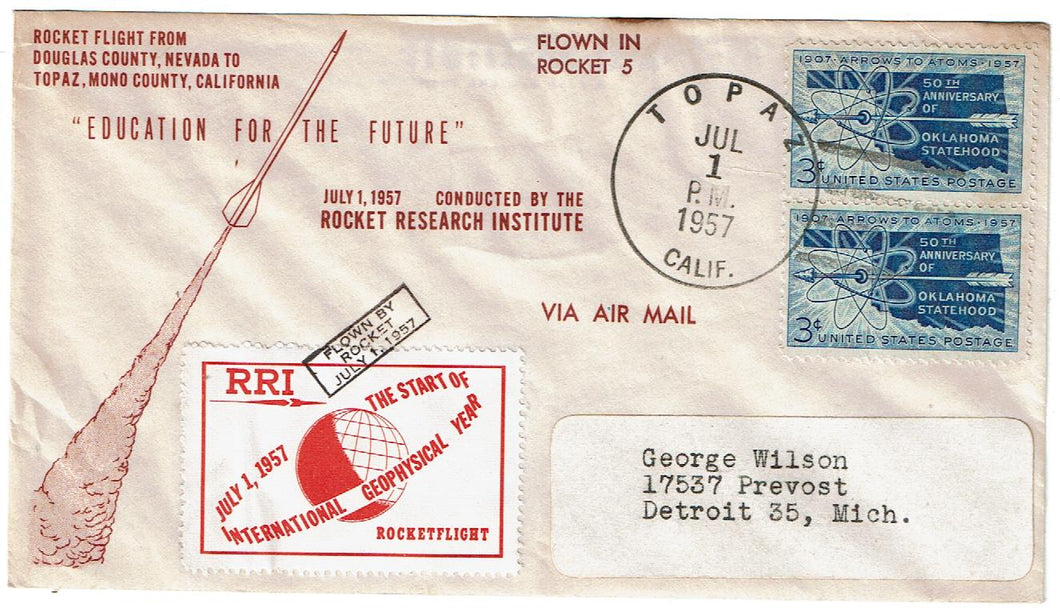 US Rocket #5 Flight cover Topaz Cal. July 1 1957