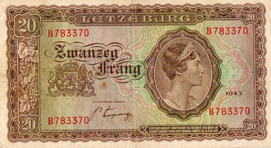 Luxembourg 1943 20 Franc Zwanzeg Frang Bank Note, Cat. 42