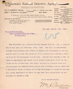 Pinkerton National Detective Agency Letter, 1892