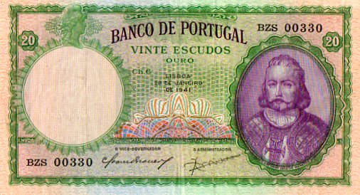 Portugal 1941 20 Escudos, Note 153A, Uncirculated